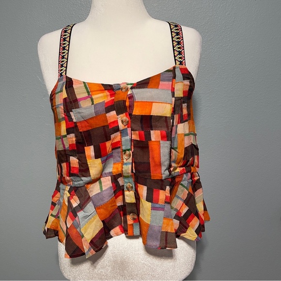 Pilcro Anthropologie Patchwork‎ Apron Tank Button Front Adjustable Straps Size S - Picture 1 of 12